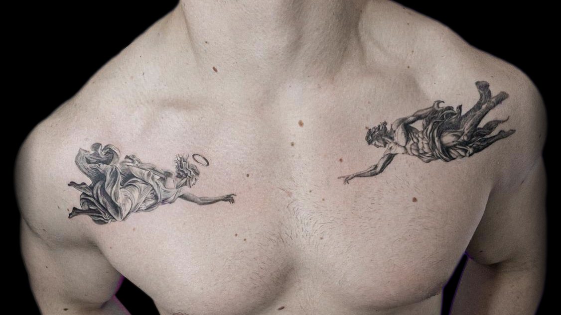 Tatouage réalisme : deux anges sur les pectoraux